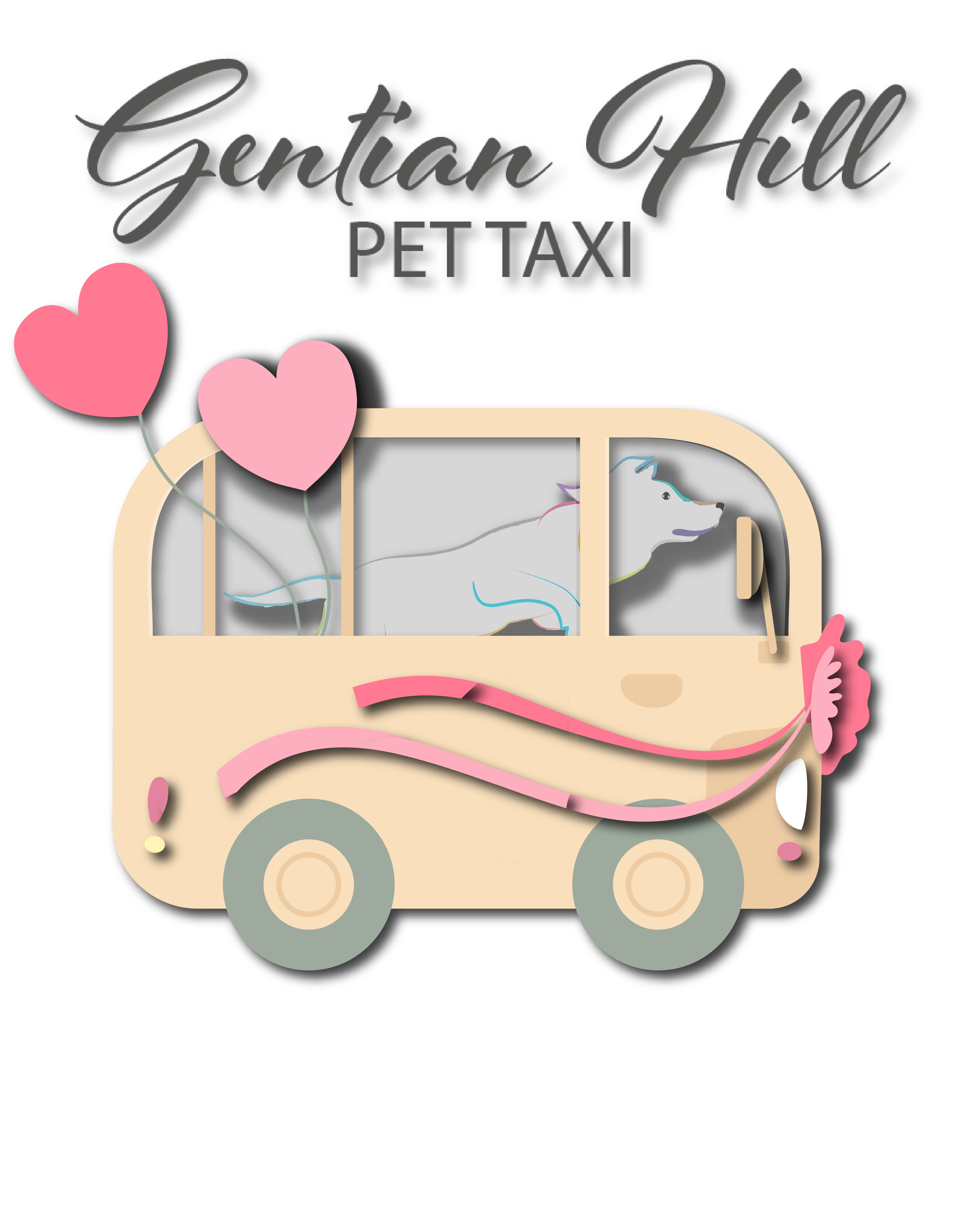 Pet taxi illustration with dog driving fun campervan with heart shaped balloons